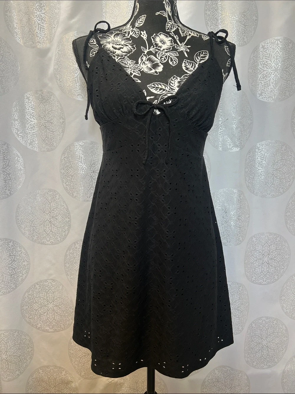 H&M Eyelet Mini Dress Black Ties Women  NWT Medium M